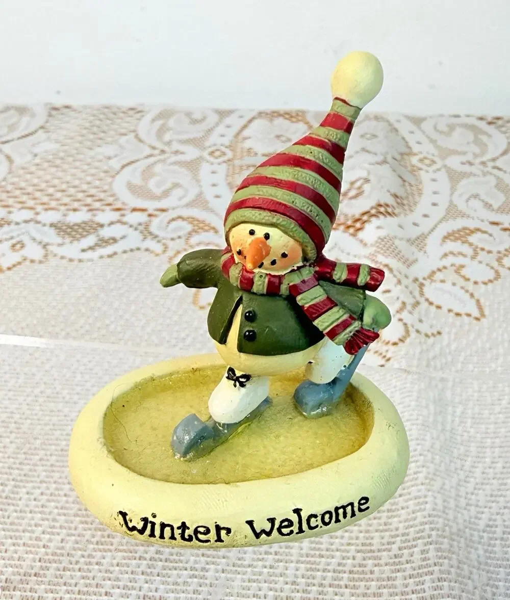 Suzi 2009 Winter Welcome Snowman Figurine w/ Skates Striped Hat Scarf Signed